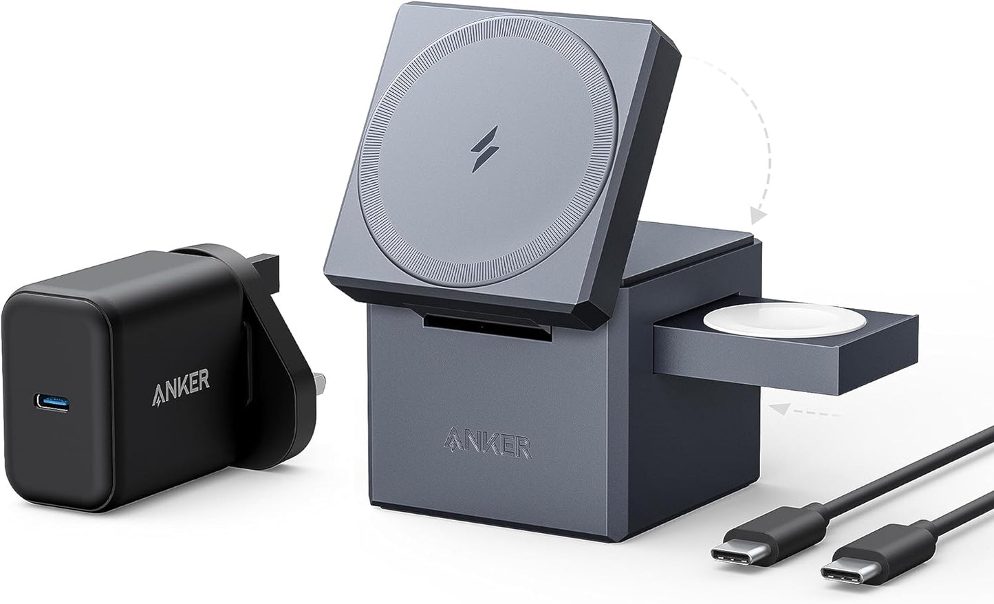 Anker 3-in-1 Cube Compatible with MagSafe, 15W Fast Charging Foldable Wireless Charger, Compatible with iPhone 15/14/13, Apple Watch 1-8/Ultra, AirPods Pro (Charger and Interchangeable Plugs Included)